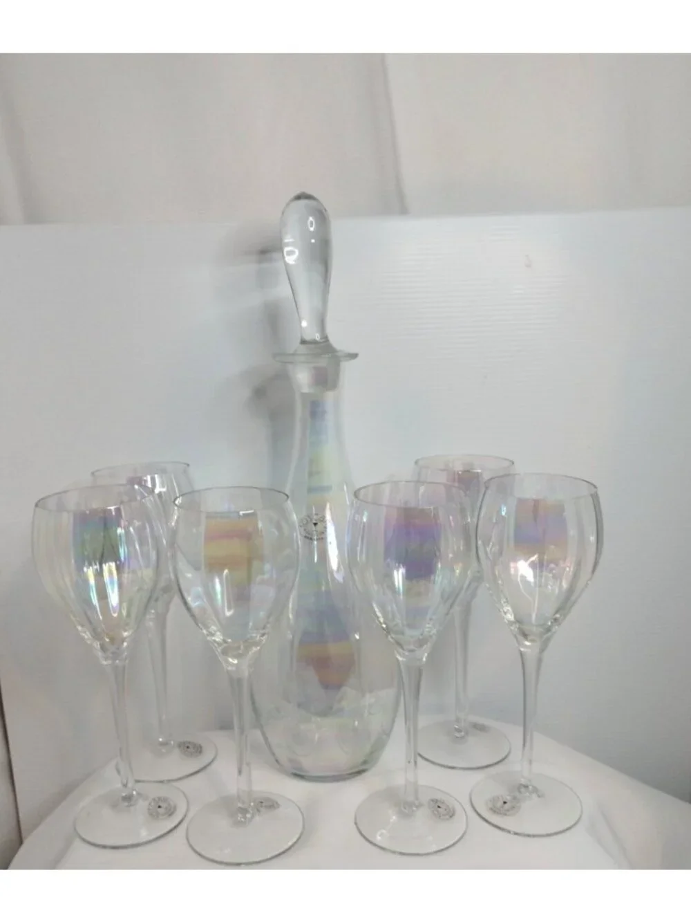 Hand blown Iridescent Toscany Wine SeT 6 Glasses Decanter W/Stopper Romania New